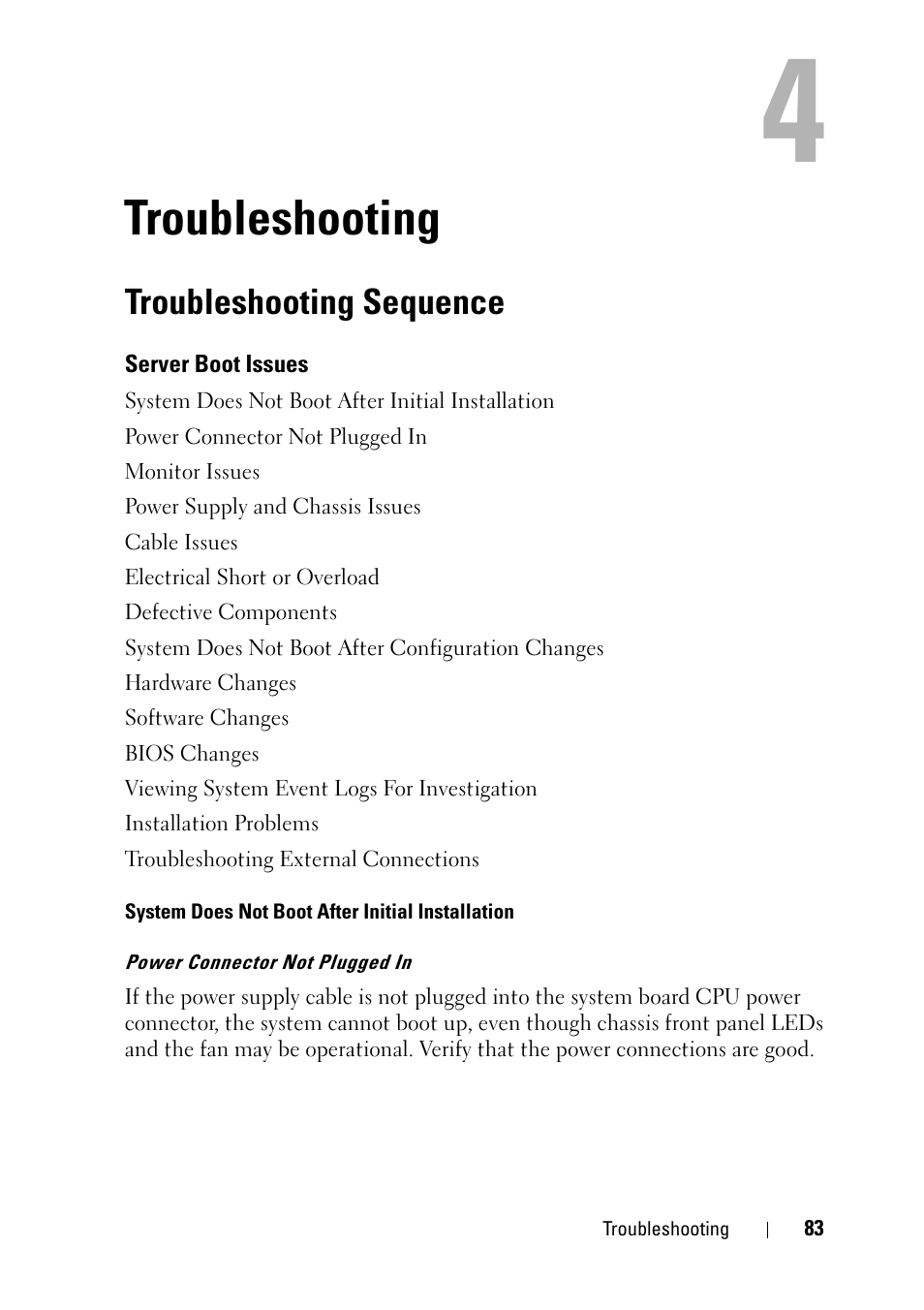 Troubleshooting, Troubleshooting sequence, Server boot issues | Dell PowerEdge C5125 User Manual | Page 83 / 100