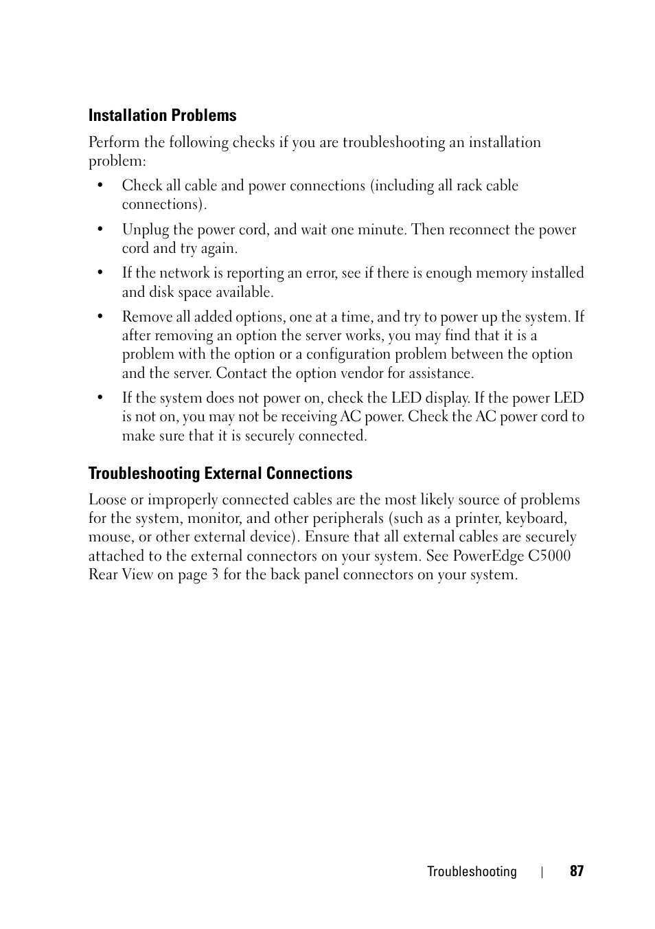 Installation problems, Troubleshooting external connections | Dell PowerEdge C5125 User Manual | Page 87 / 100