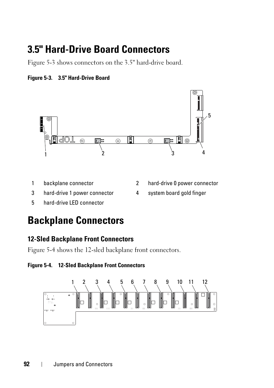 5" hard-drive board connectors, Backplane connectors, Sled backplane front connectors | Dell PowerEdge C5125 User Manual | Page 92 / 100