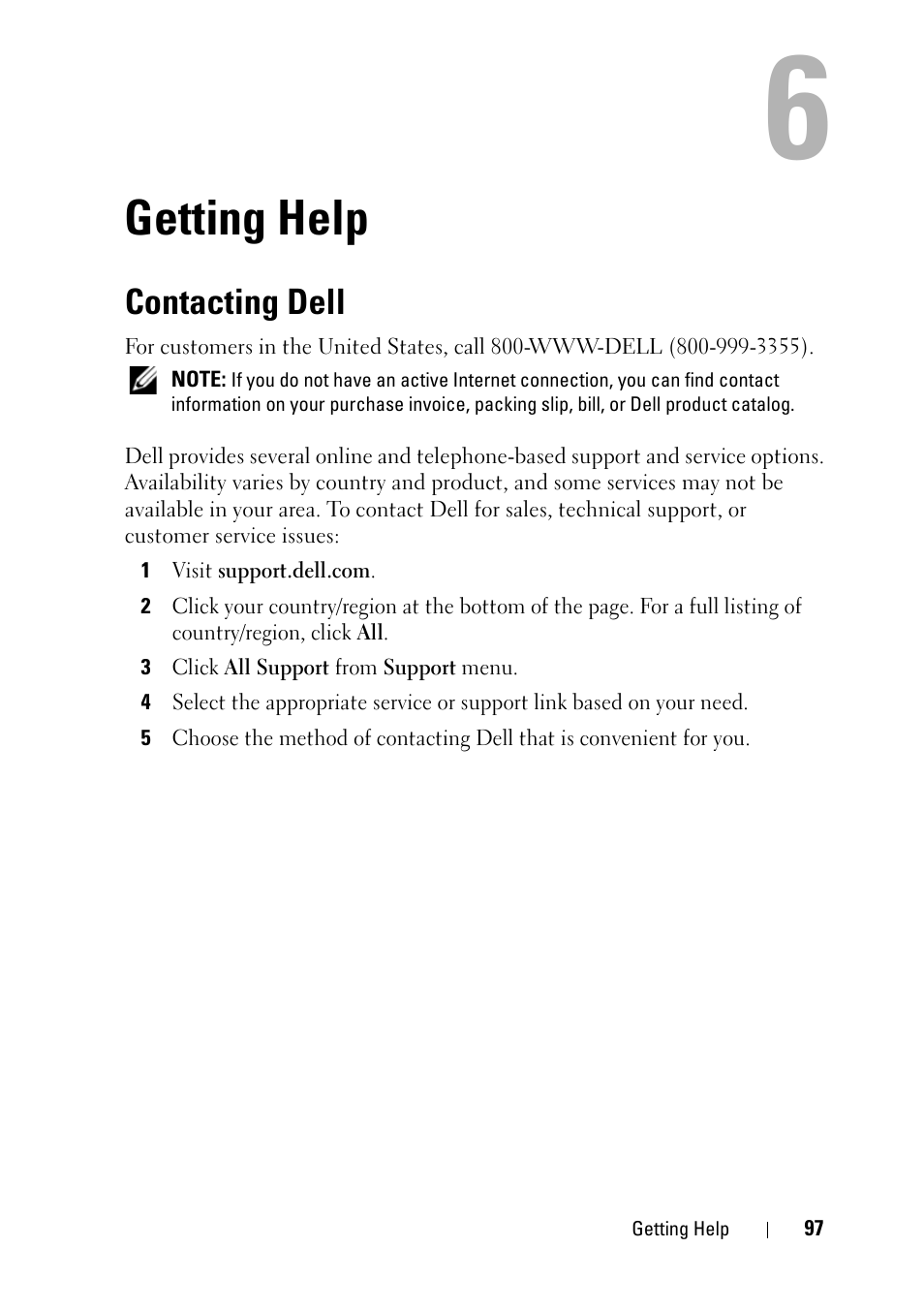 Getting help, Contacting dell | Dell PowerEdge C5125 User Manual | Page 97 / 100