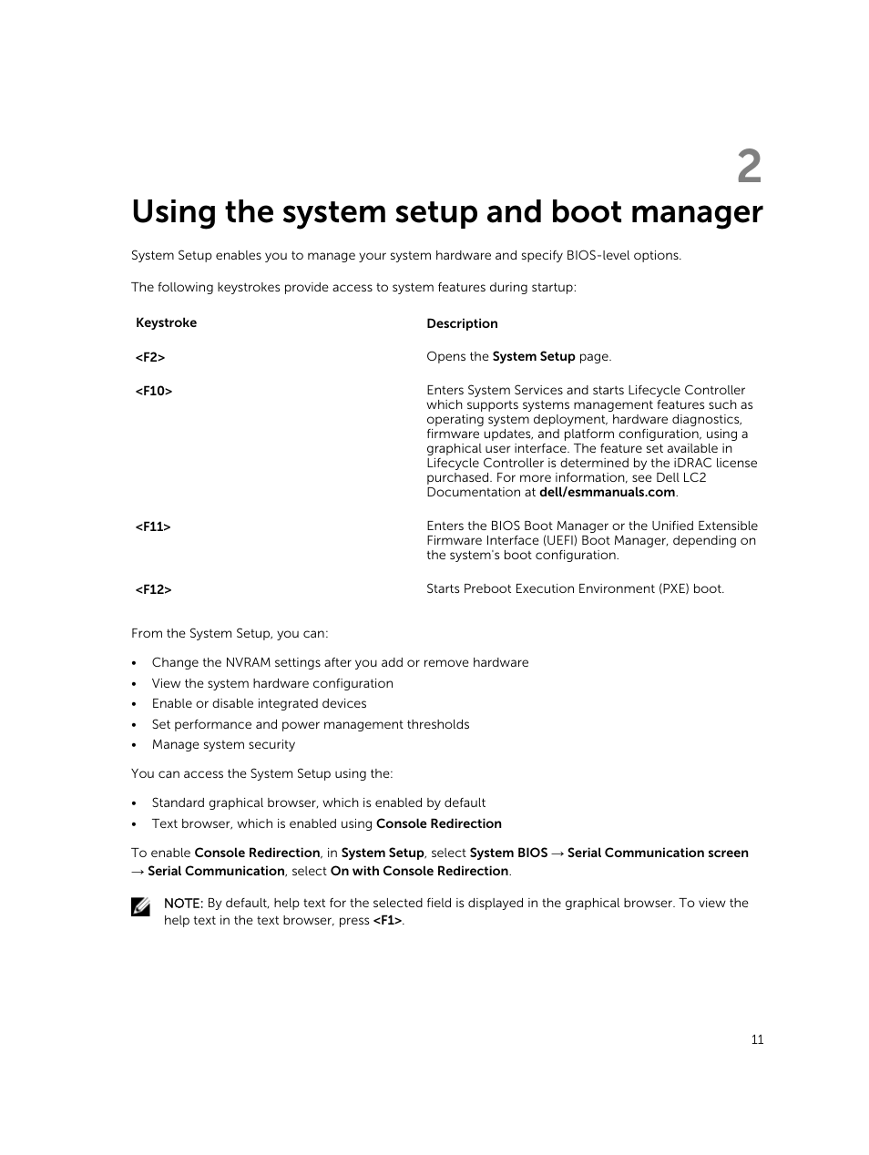 Using the system setup and boot manager, 2 using the system setup and boot manager | Dell PowerEdge M820 (for PE VRTX) User Manual | Page 11 / 154