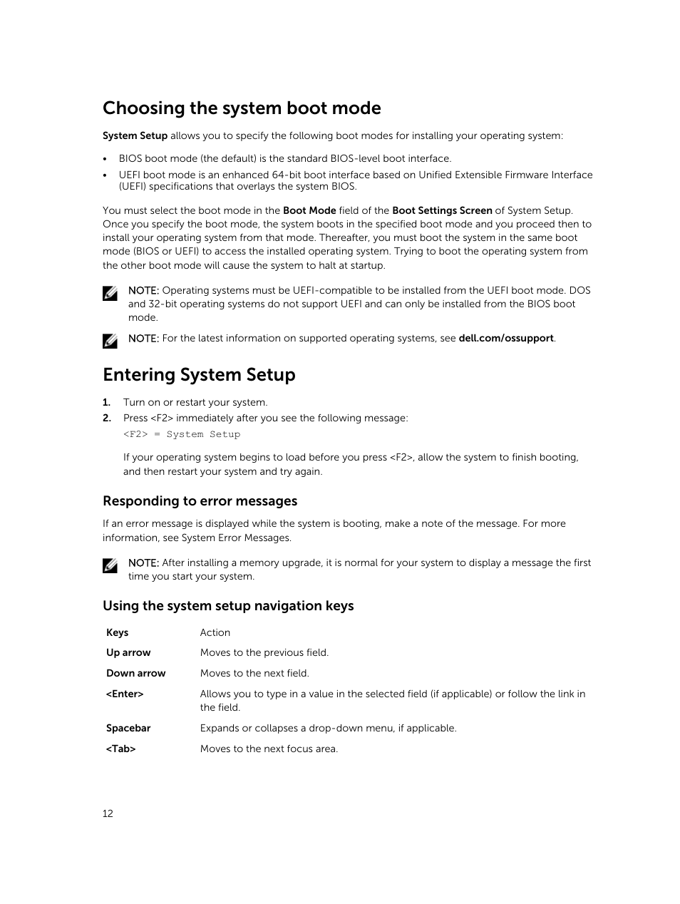 Choosing the system boot mode, Entering system setup, Responding to error messages | Using the system setup navigation keys | Dell PowerEdge M820 (for PE VRTX) User Manual | Page 12 / 154