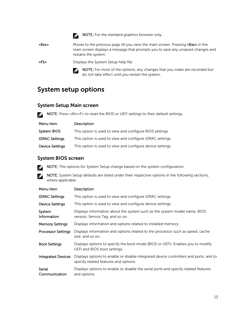 System setup options, System setup main screen, System bios screen | Dell PowerEdge M820 (for PE VRTX) User Manual | Page 13 / 154