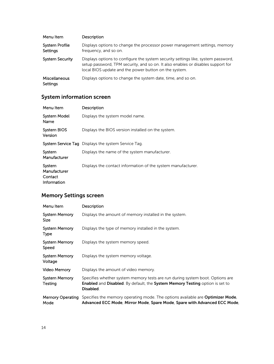 System information screen, Memory settings screen | Dell PowerEdge M820 (for PE VRTX) User Manual | Page 14 / 154