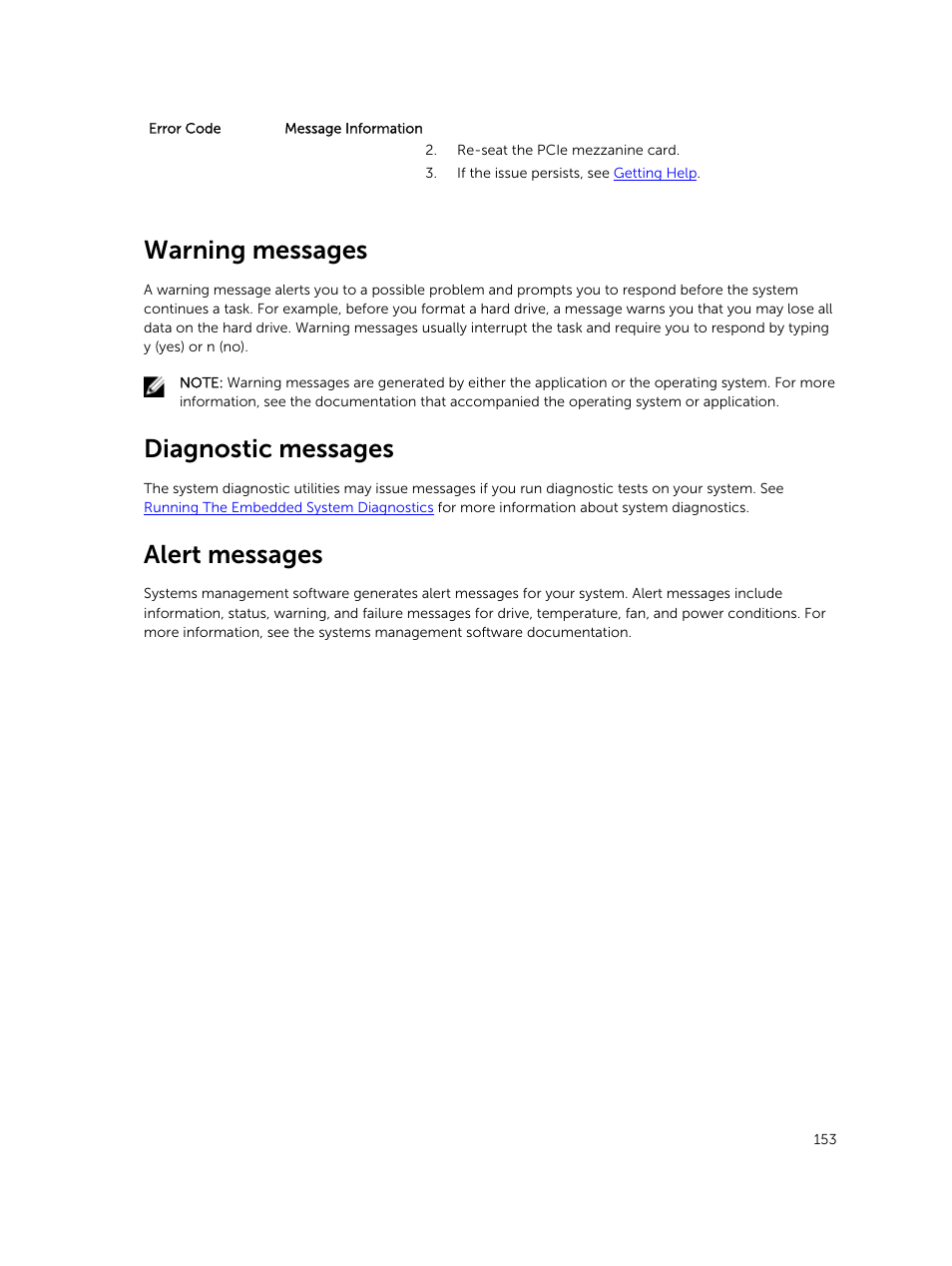 Warning messages, Diagnostic messages, Alert messages | Dell PowerEdge M820 (for PE VRTX) User Manual | Page 153 / 154