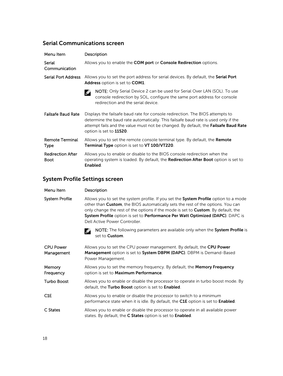 Serial communications screen, System profile settings screen | Dell PowerEdge M820 (for PE VRTX) User Manual | Page 18 / 154