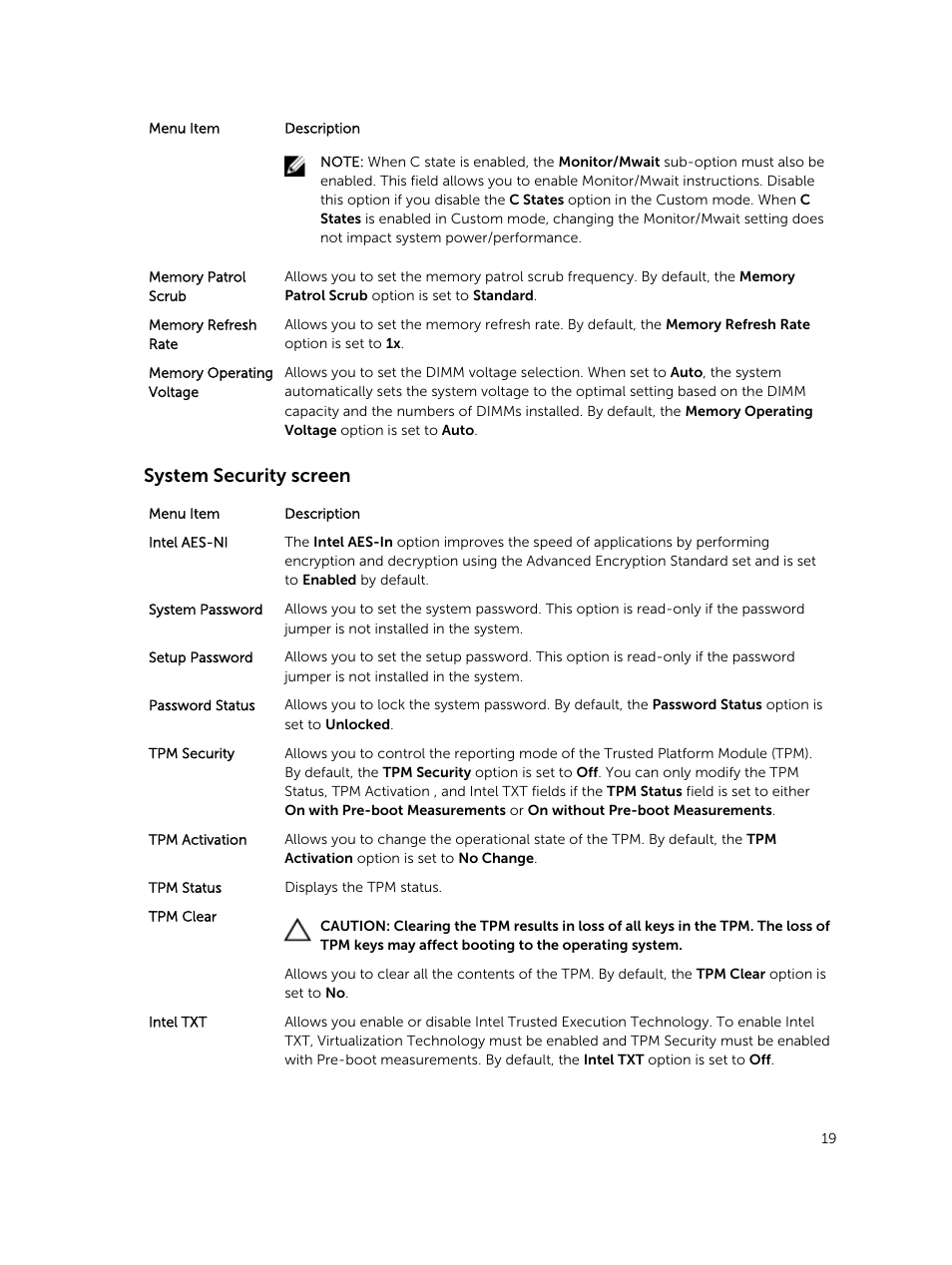 System security screen | Dell PowerEdge M820 (for PE VRTX) User Manual | Page 19 / 154