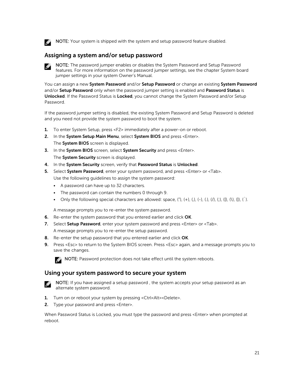 Assigning a system and/or setup password, Using your system password to secure your system | Dell PowerEdge M820 (for PE VRTX) User Manual | Page 21 / 154