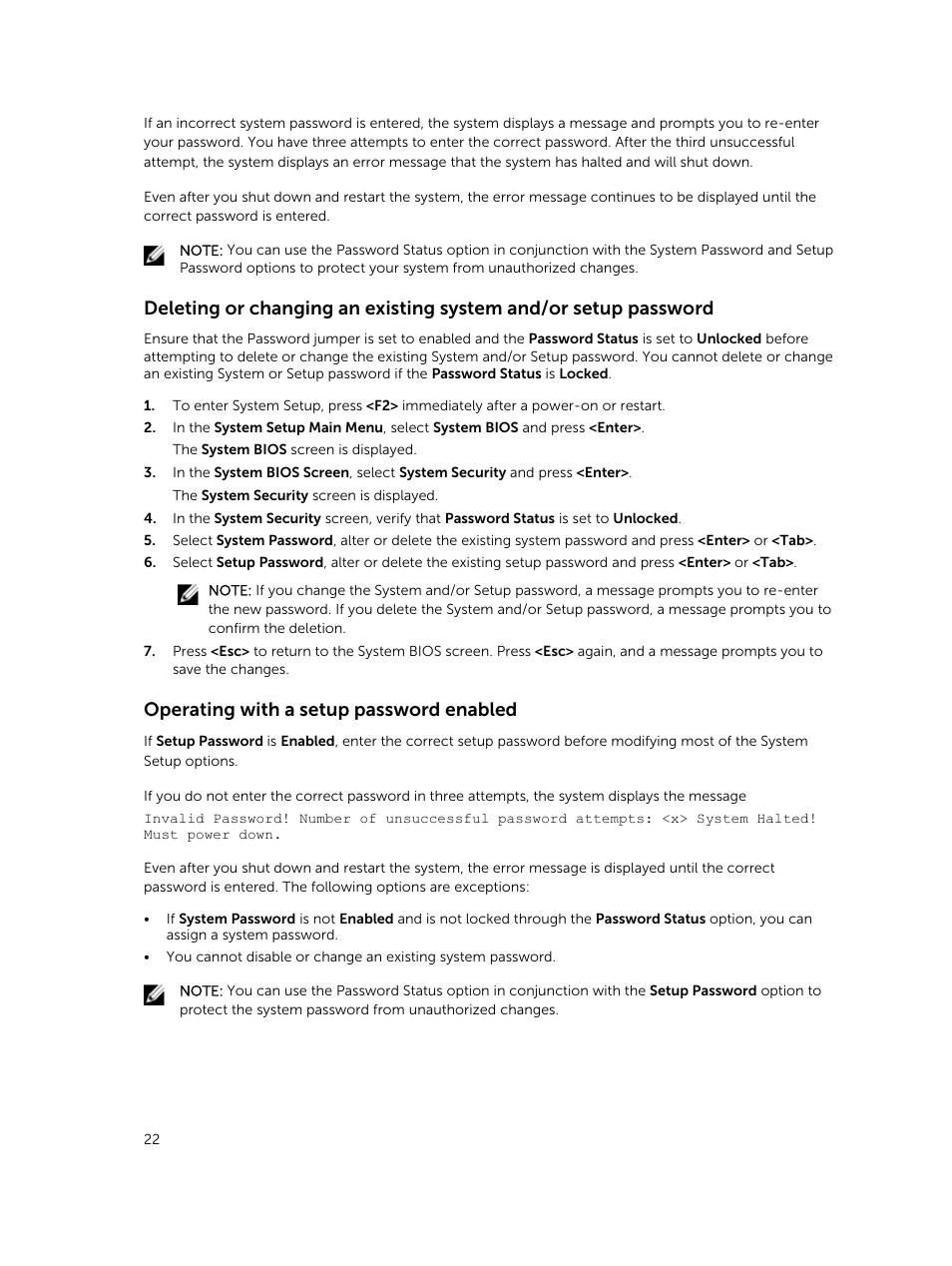 Operating with a setup password enabled | Dell PowerEdge M820 (for PE VRTX) User Manual | Page 22 / 154