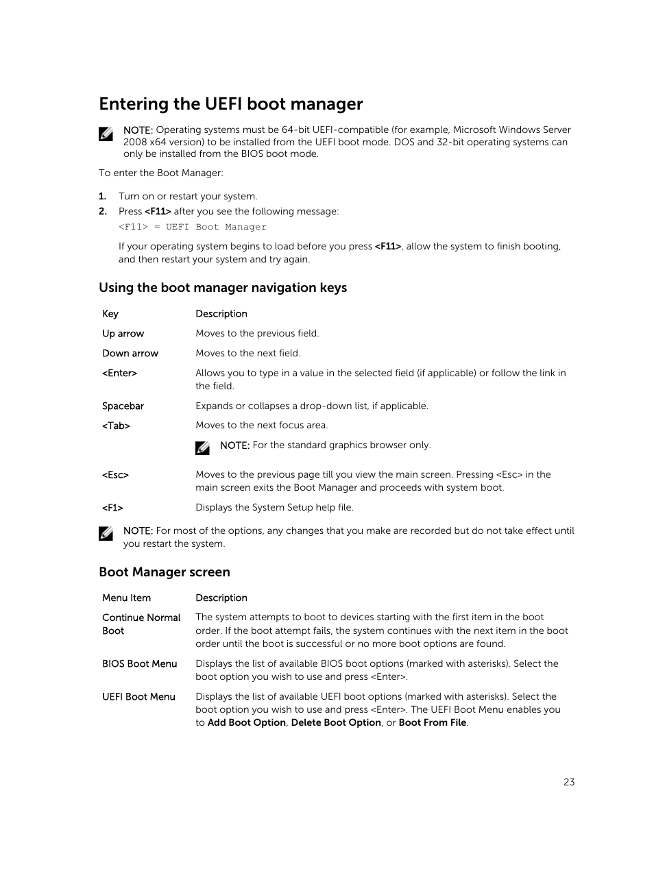 Entering the uefi boot manager, Using the boot manager navigation keys, Boot manager screen | Dell PowerEdge M820 (for PE VRTX) User Manual | Page 23 / 154