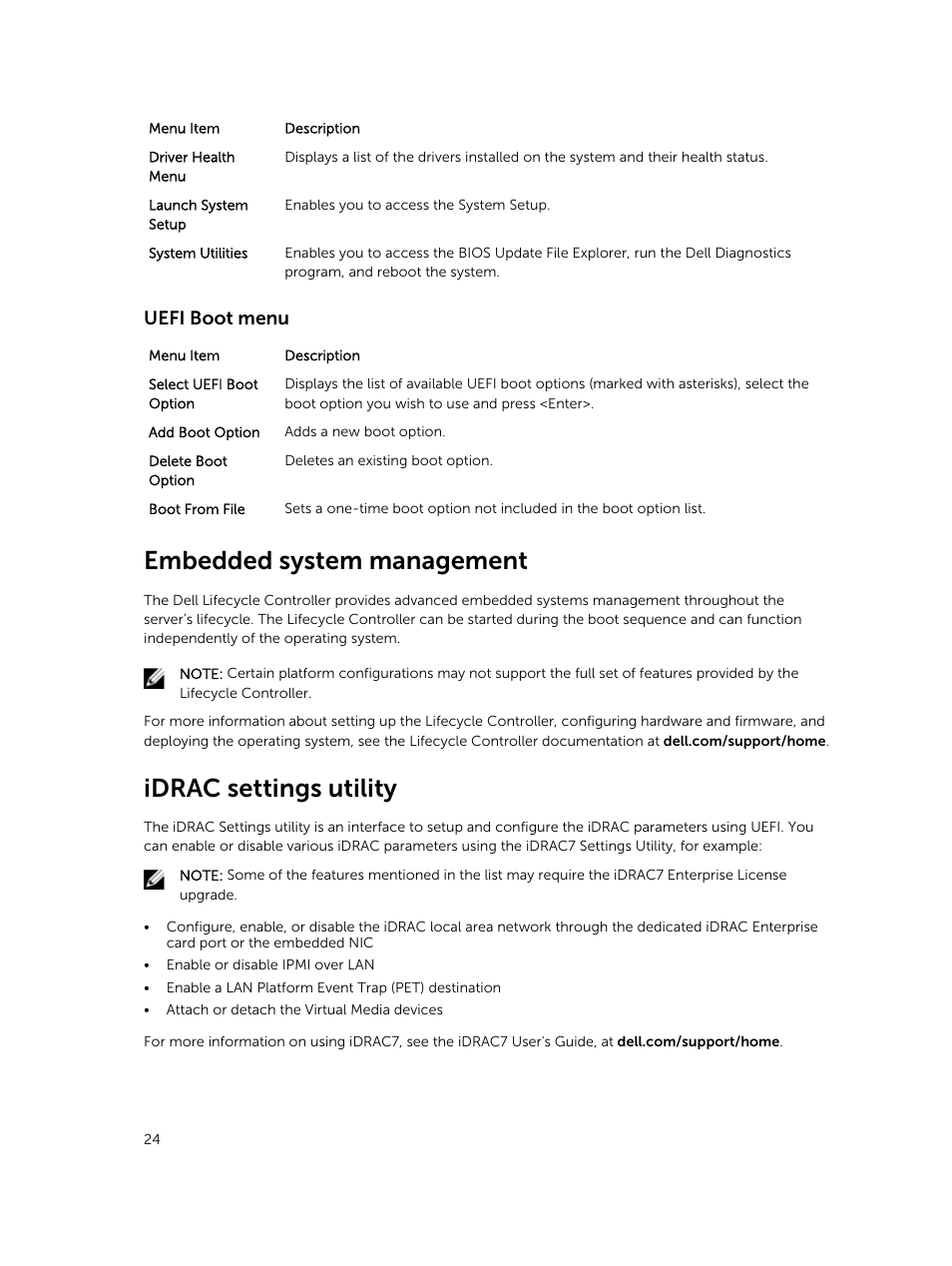 Uefi boot menu, Embedded system management, Idrac settings utility | Dell PowerEdge M820 (for PE VRTX) User Manual | Page 24 / 154