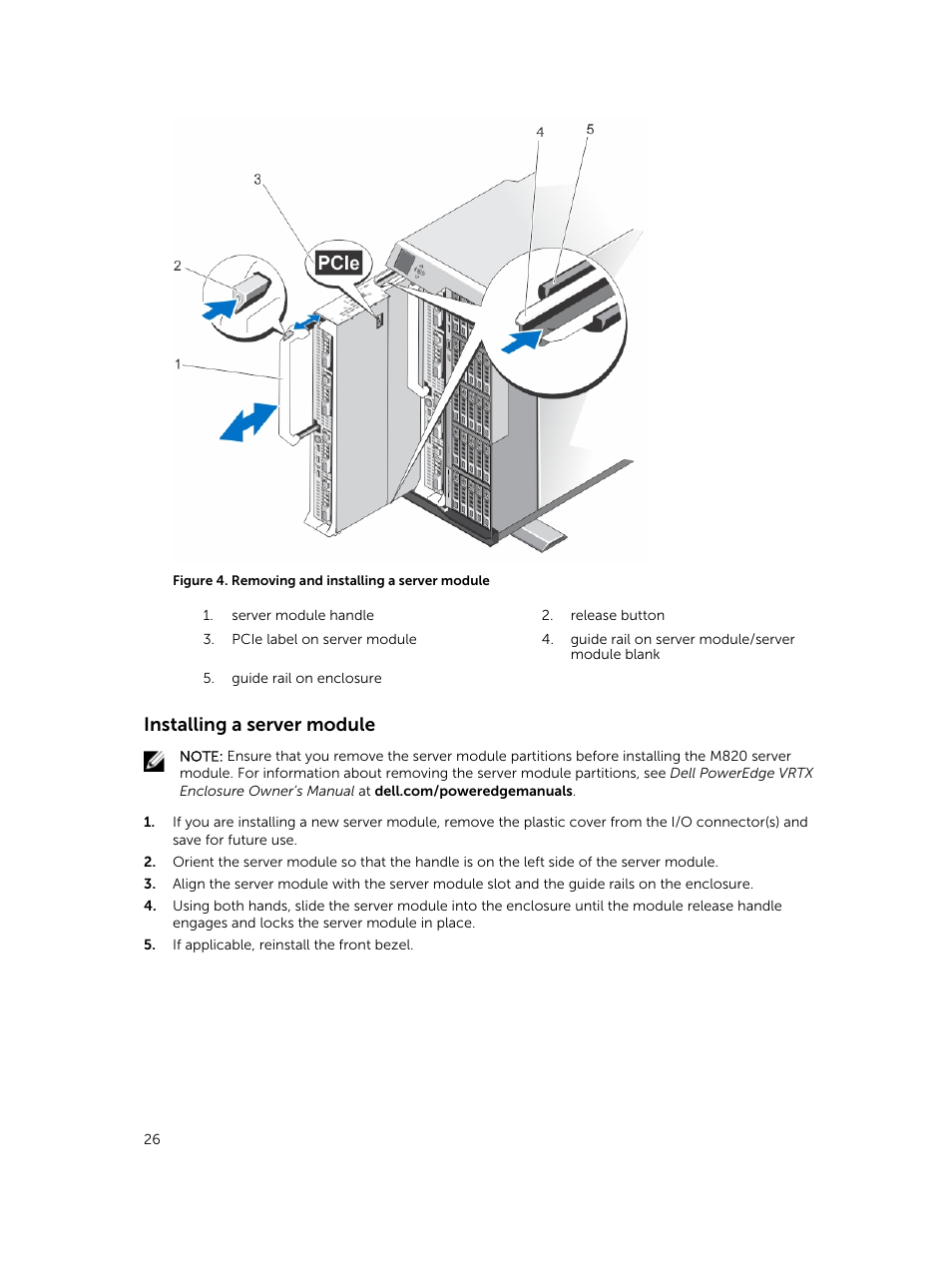 Installing a server module | Dell PowerEdge M820 (for PE VRTX) User Manual | Page 26 / 154