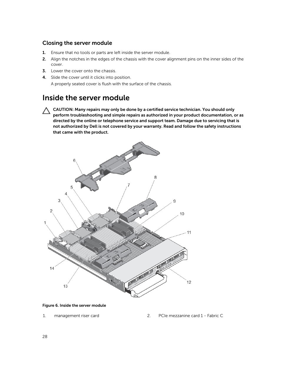 Closing the server module, Inside the server module | Dell PowerEdge M820 (for PE VRTX) User Manual | Page 28 / 154
