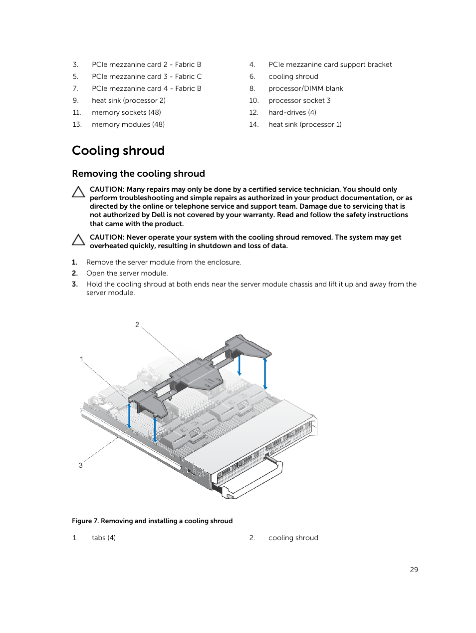 Cooling shroud, Removing the cooling shroud | Dell PowerEdge M820 (for PE VRTX) User Manual | Page 29 / 154