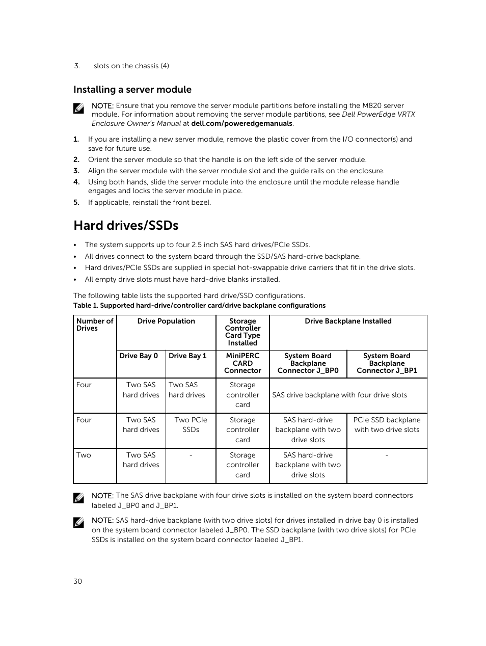 Installing a server module, Hard drives/ssds | Dell PowerEdge M820 (for PE VRTX) User Manual | Page 30 / 154