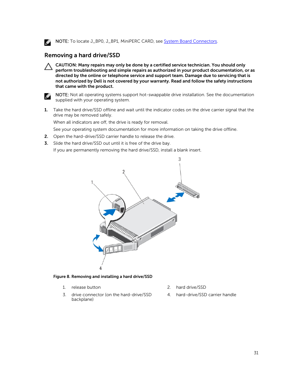 Removing a hard drive/ssd | Dell PowerEdge M820 (for PE VRTX) User Manual | Page 31 / 154