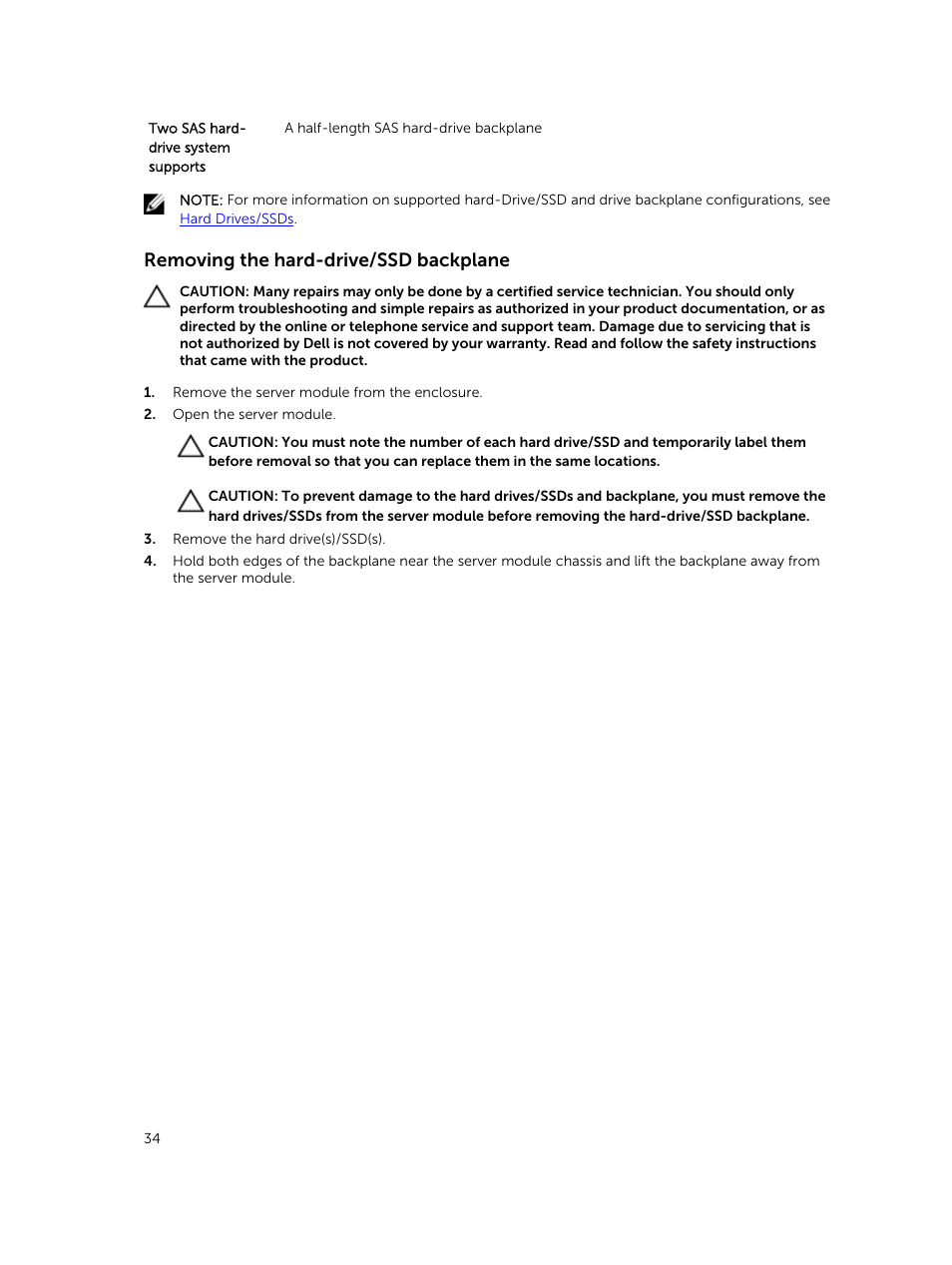 Removing the hard-drive/ssd backplane | Dell PowerEdge M820 (for PE VRTX) User Manual | Page 34 / 154