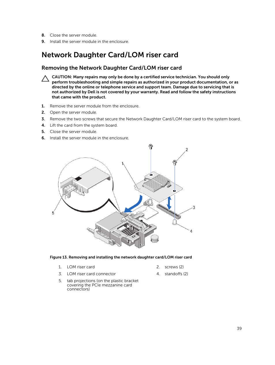 Network daughter card/lom riser card, Removing the network daughter card/lom riser card | Dell PowerEdge M820 (for PE VRTX) User Manual | Page 39 / 154