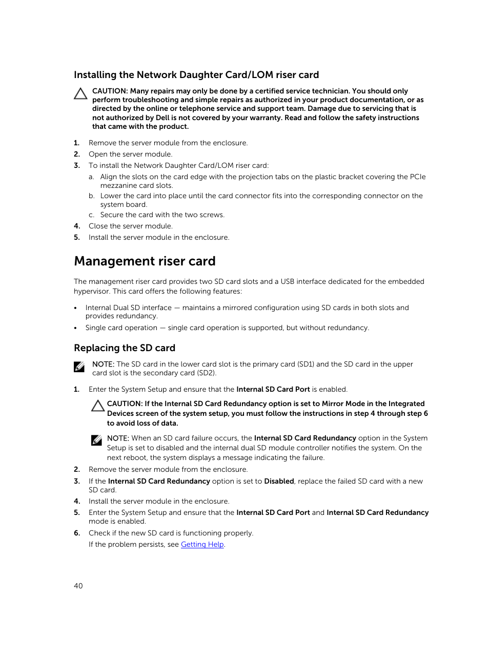Management riser card, Replacing the sd card | Dell PowerEdge M820 (for PE VRTX) User Manual | Page 40 / 154