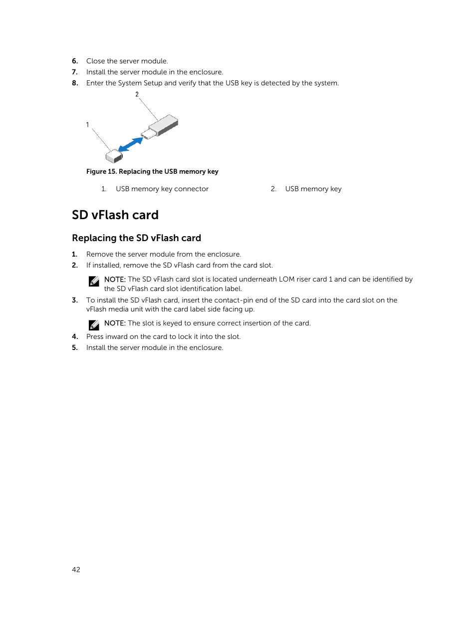 Sd vflash card, Replacing the sd vflash card | Dell PowerEdge M820 (for PE VRTX) User Manual | Page 42 / 154