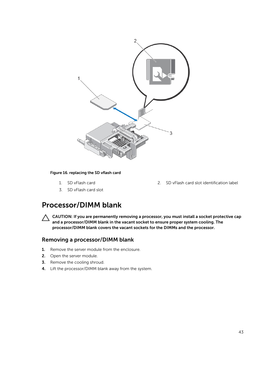 Processor/dimm blank, Removing a processor/dimm blank | Dell PowerEdge M820 (for PE VRTX) User Manual | Page 43 / 154