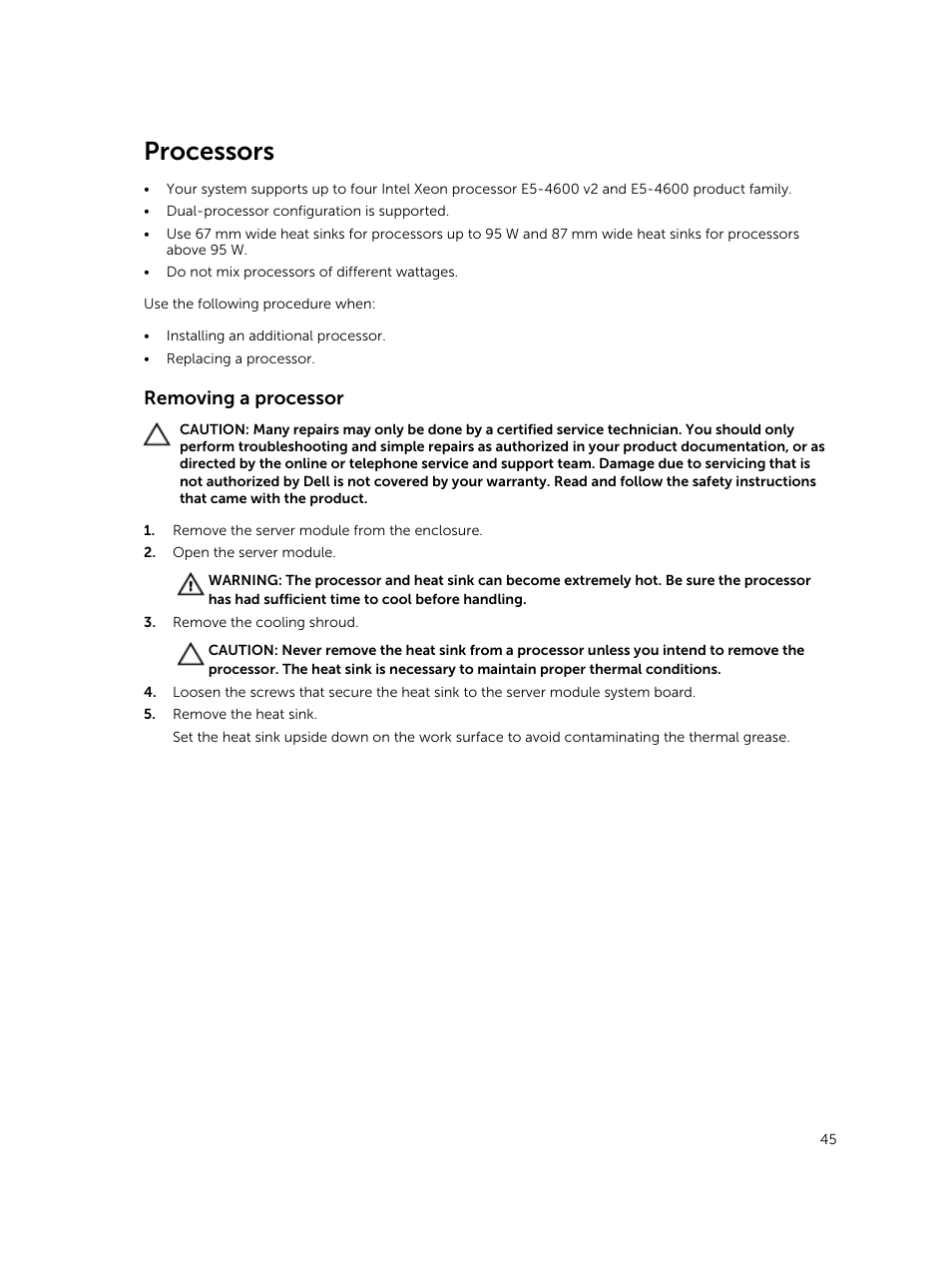 Processors, Removing a processor | Dell PowerEdge M820 (for PE VRTX) User Manual | Page 45 / 154