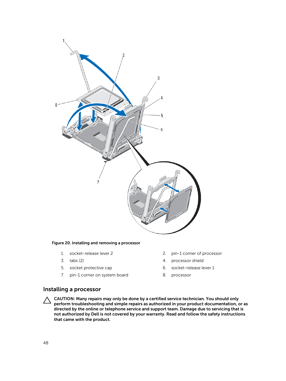 Installing a processor | Dell PowerEdge M820 (for PE VRTX) User Manual | Page 48 / 154