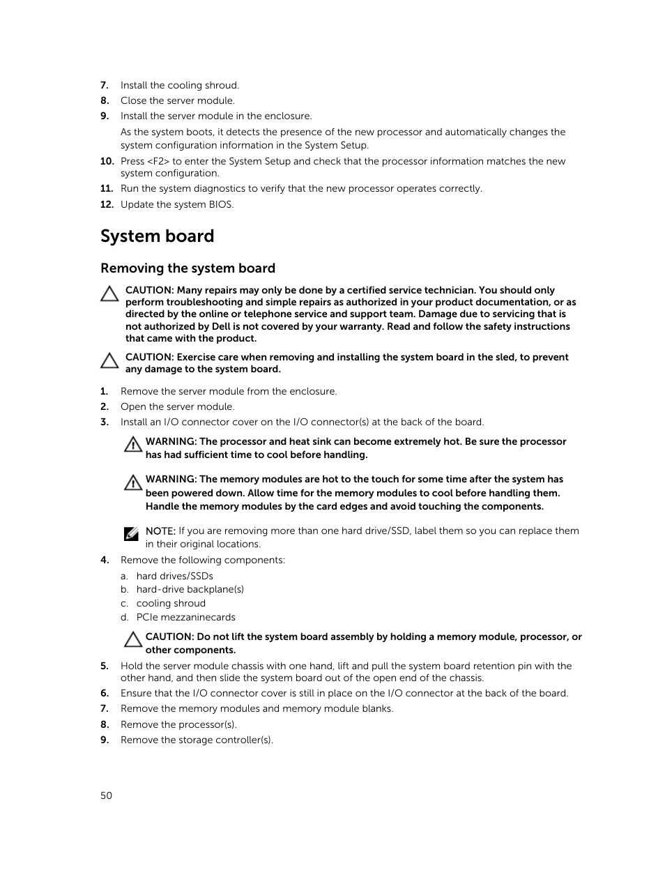 System board, Removing the system board | Dell PowerEdge M820 (for PE VRTX) User Manual | Page 50 / 154