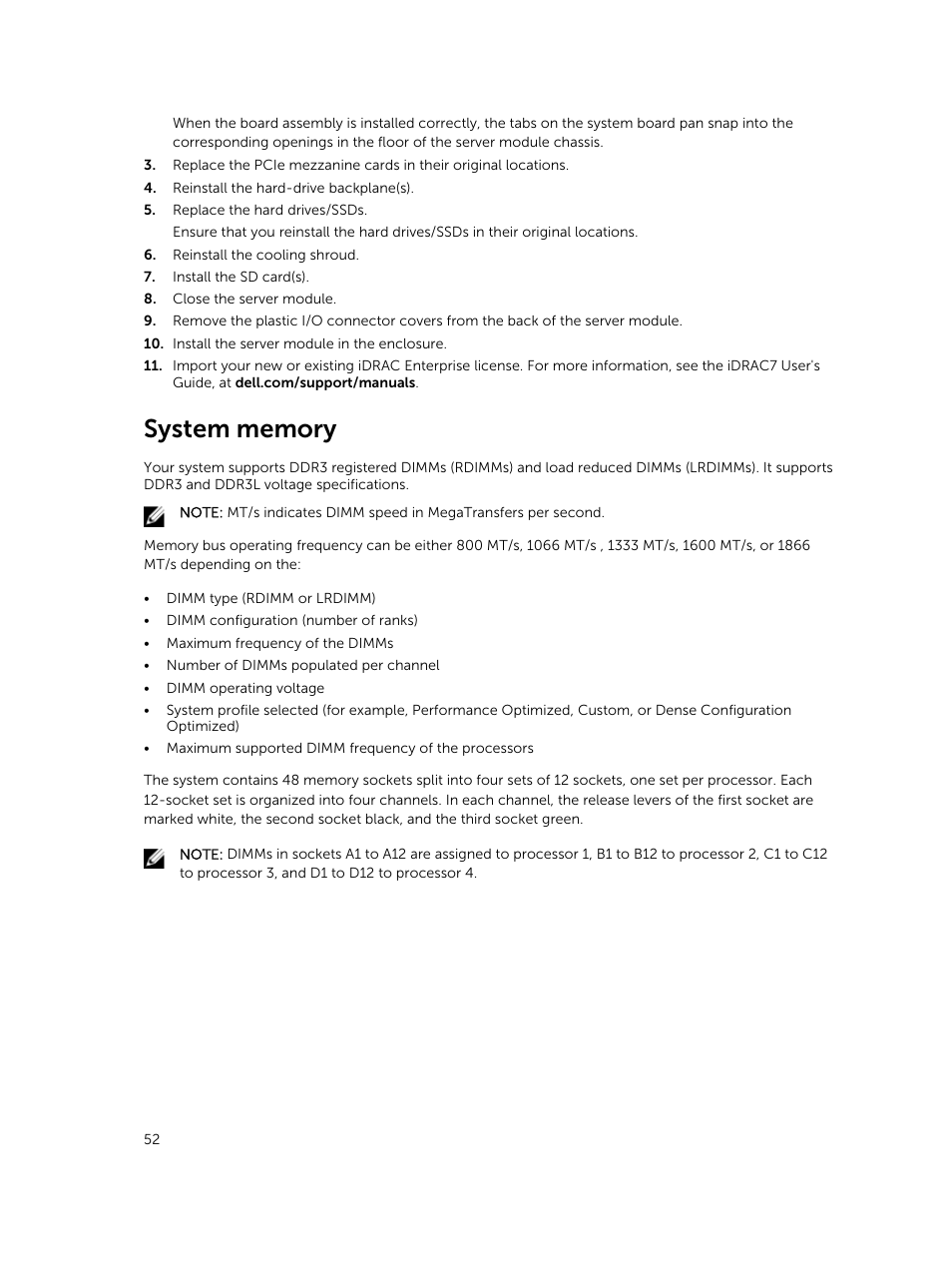 System memory | Dell PowerEdge M820 (for PE VRTX) User Manual | Page 52 / 154