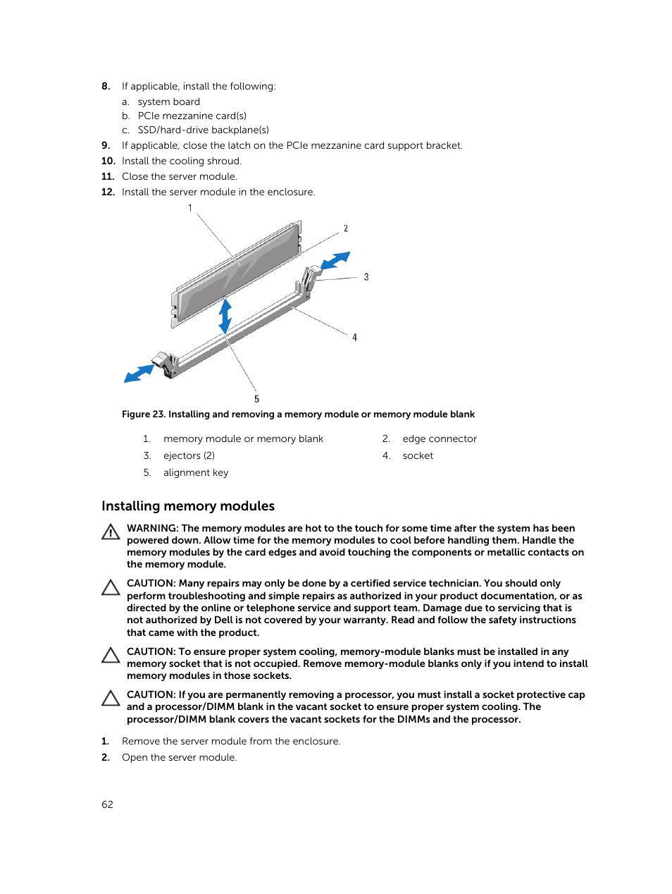 Installing memory modules | Dell PowerEdge M820 (for PE VRTX) User Manual | Page 62 / 154