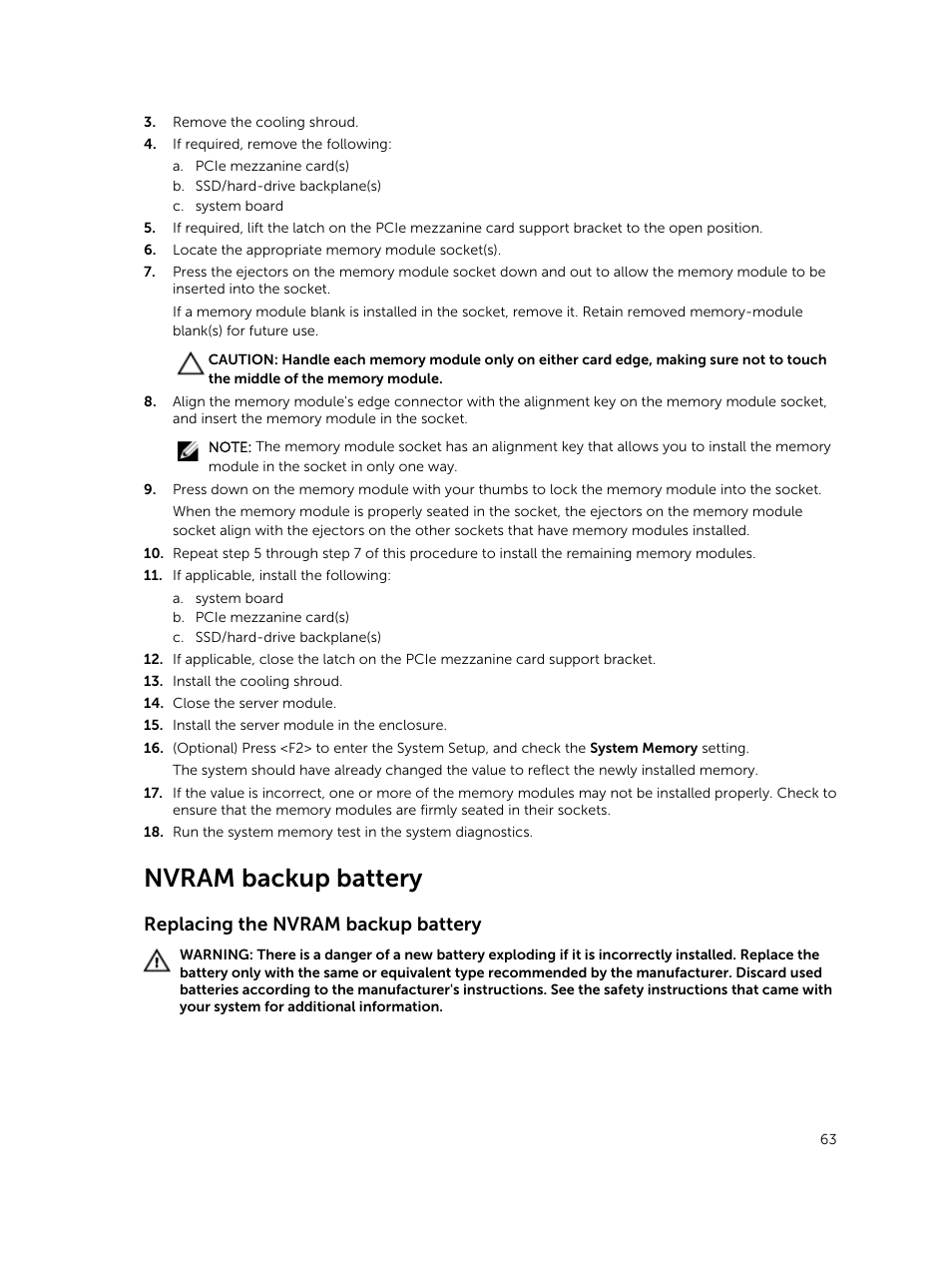 Nvram backup battery, Replacing the nvram backup battery | Dell PowerEdge M820 (for PE VRTX) User Manual | Page 63 / 154