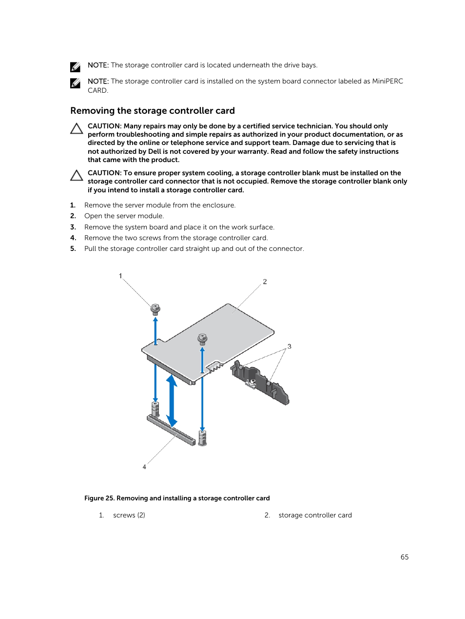 Removing the storage controller card | Dell PowerEdge M820 (for PE VRTX) User Manual | Page 65 / 154