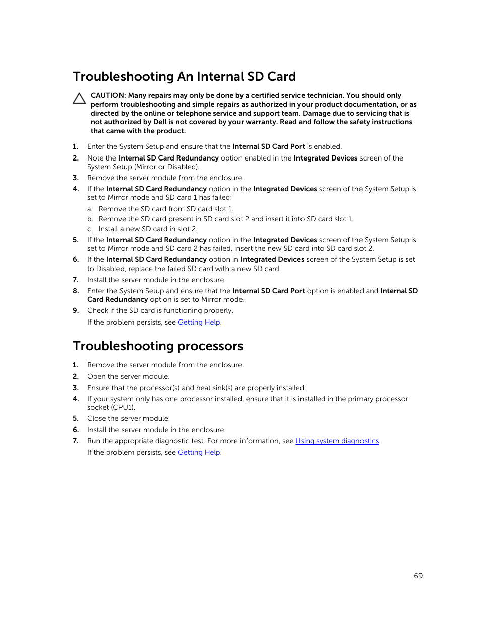 Troubleshooting an internal sd card, Troubleshooting processors | Dell PowerEdge M820 (for PE VRTX) User Manual | Page 69 / 154