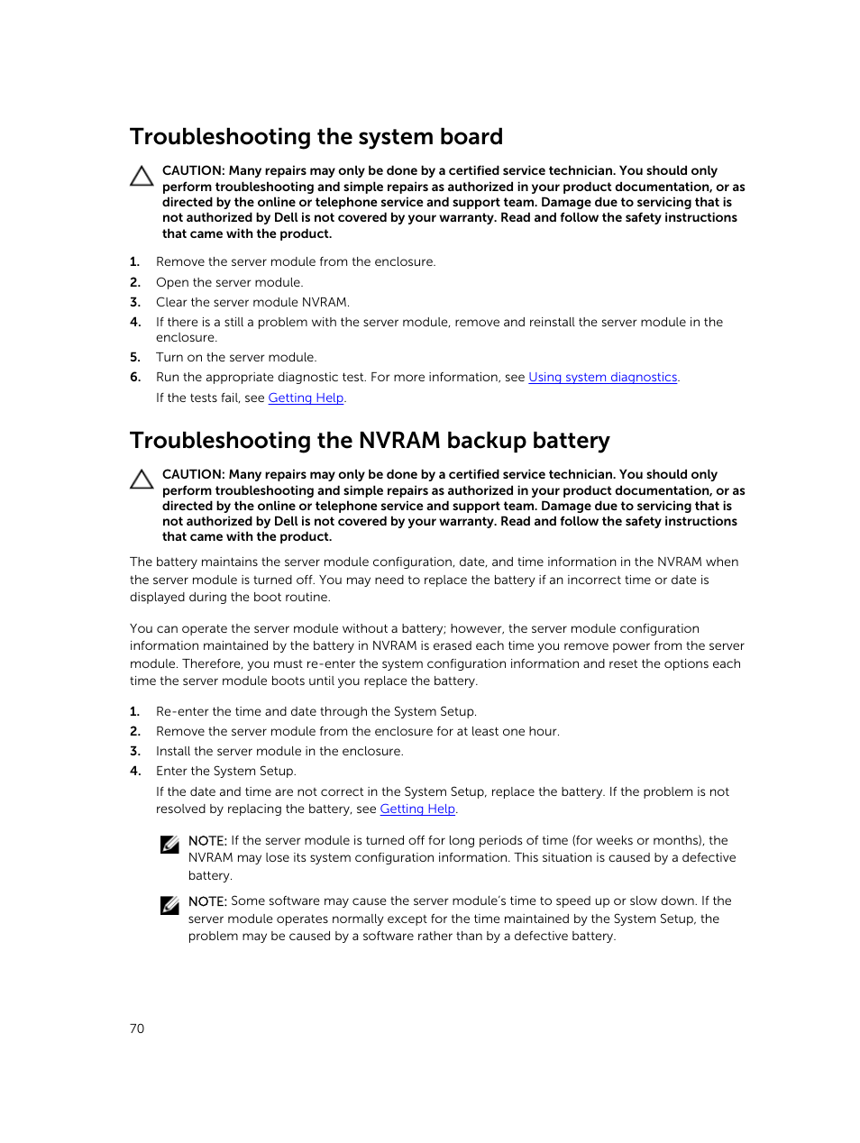 Troubleshooting the system board, Troubleshooting the nvram backup battery | Dell PowerEdge M820 (for PE VRTX) User Manual | Page 70 / 154