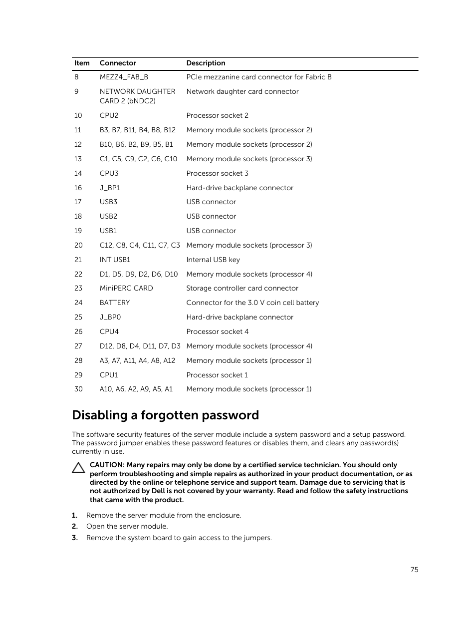 Disabling a forgotten password | Dell PowerEdge M820 (for PE VRTX) User Manual | Page 75 / 154