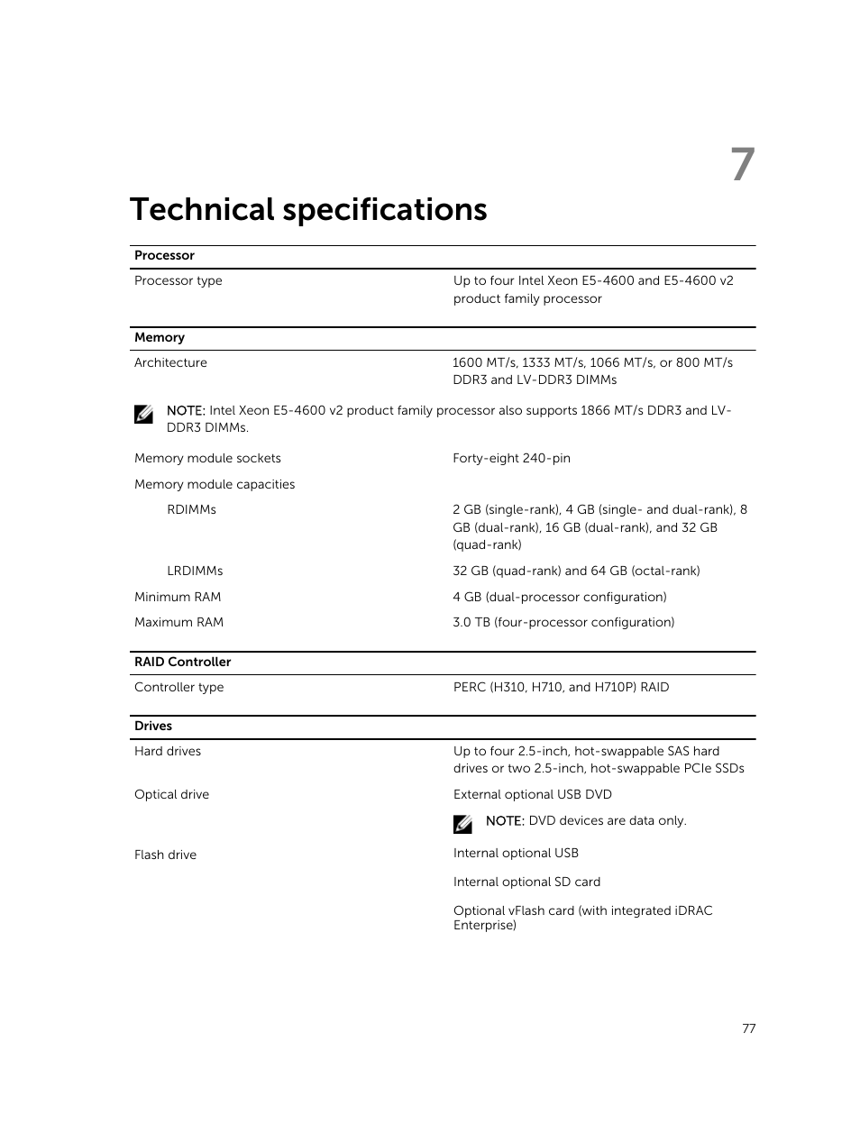 Technical specifications, 7 technical specifications | Dell PowerEdge M820 (for PE VRTX) User Manual | Page 77 / 154