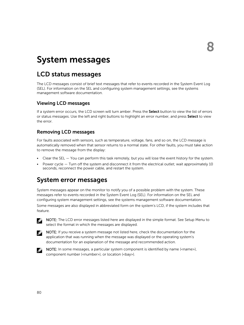 System messages, Lcd status messages, Viewing lcd messages | Removing lcd messages, System error messages, 8 system messages | Dell PowerEdge M820 (for PE VRTX) User Manual | Page 80 / 154