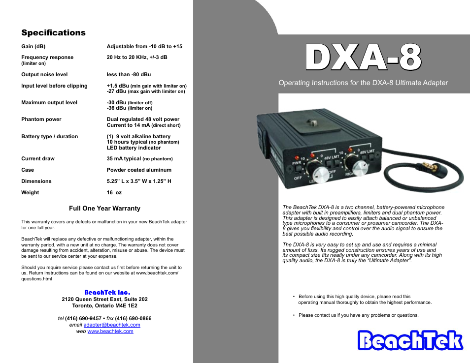 BeachTek DXA-8 User Manual | 2 pages
