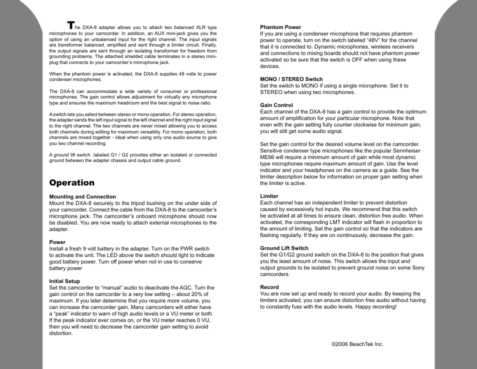 Operation | BeachTek DXA-8 User Manual | Page 2 / 2