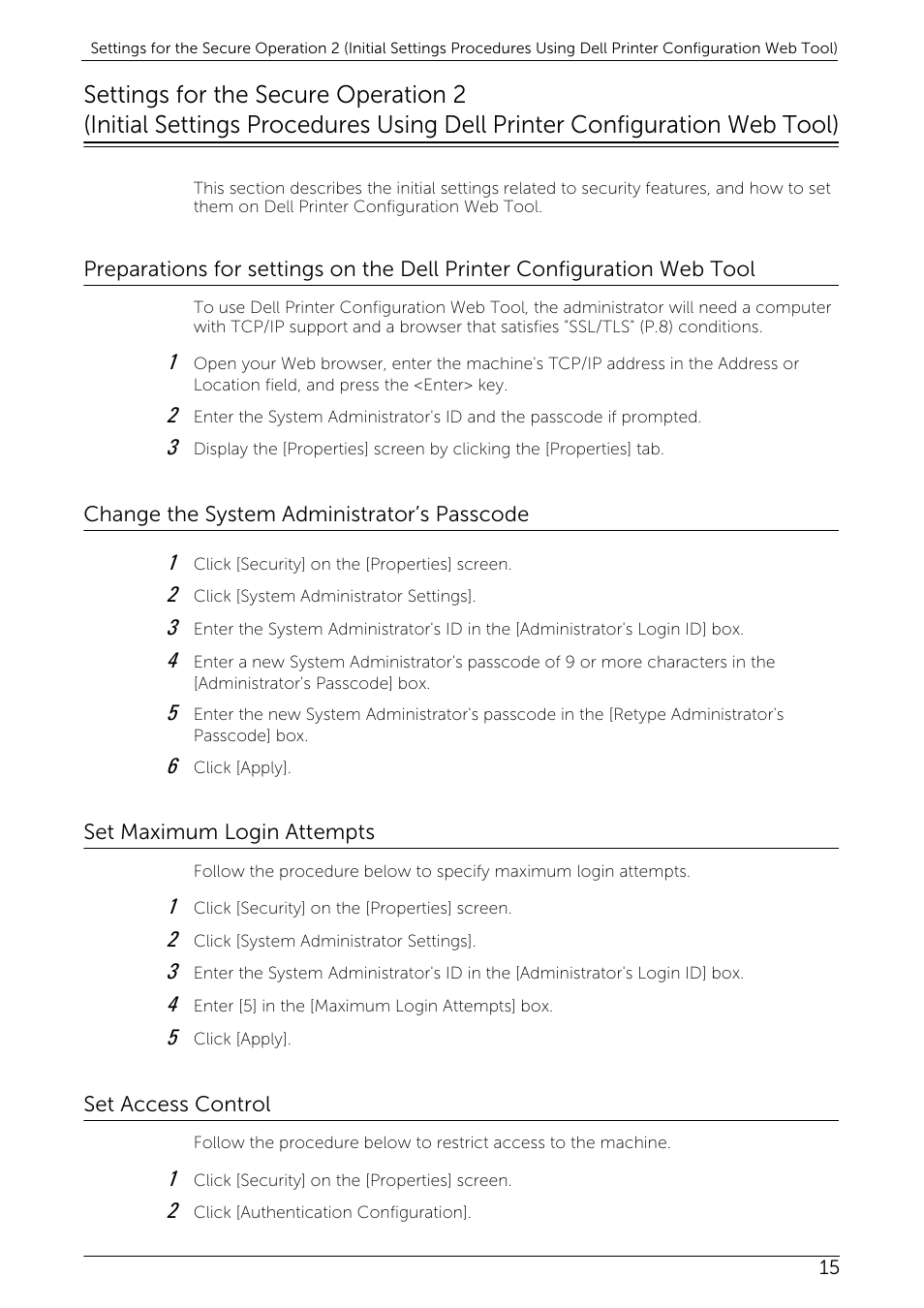 Change the system administrator’s passcode, Set maximum login attempts, Set access control | Configuration web tool) (p.15) | Dell C7765DN MFP Color Laser Printer User Manual | Page 15 / 27