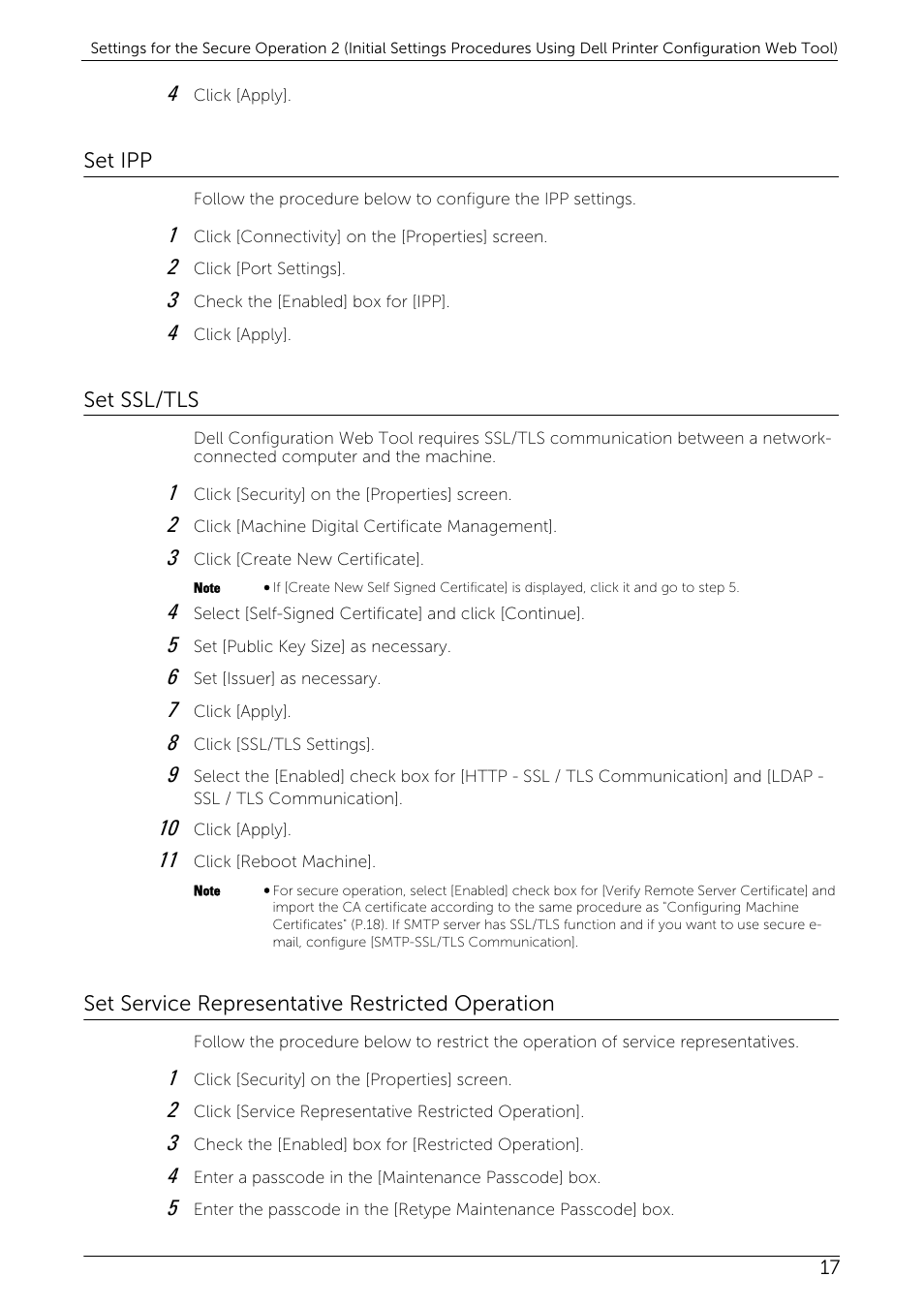 Set ipp, Set ssl/tls, Set service representative restricted operation | Dell C7765DN MFP Color Laser Printer User Manual | Page 17 / 27
