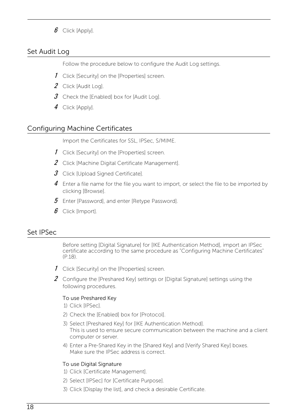 Set audit log, Configuring machine certificates, Set ipsec | Dell C7765DN MFP Color Laser Printer User Manual | Page 18 / 27