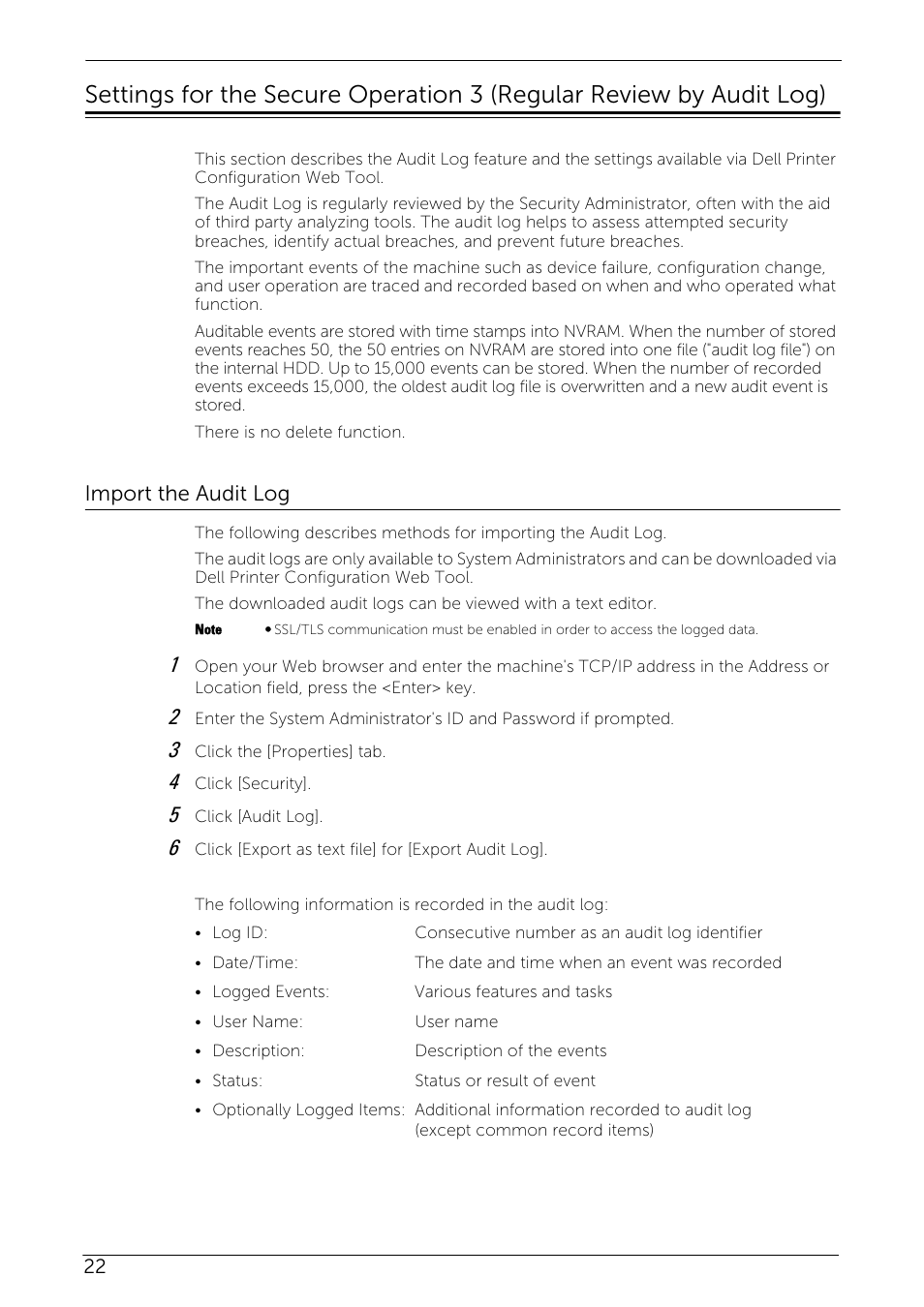 Import the audit log | Dell C7765DN MFP Color Laser Printer User Manual | Page 22 / 27