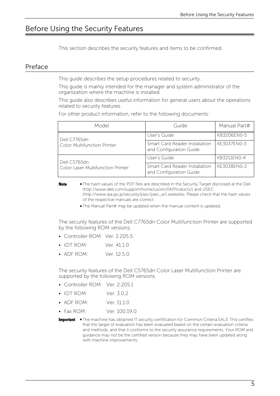 Before using the security features, Preface | Dell C7765DN MFP Color Laser Printer User Manual | Page 5 / 27