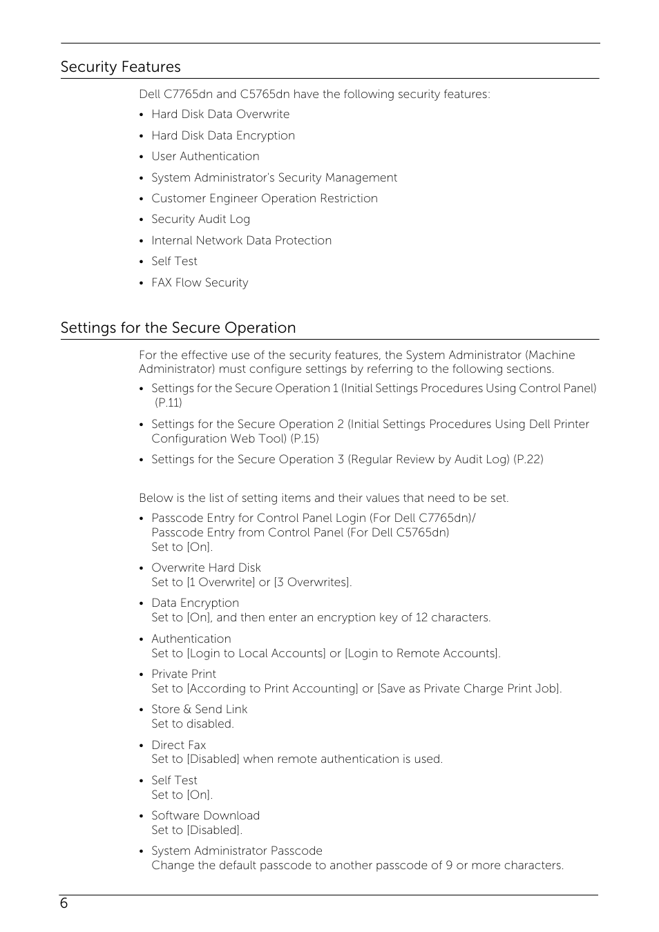 Security features, Settings for the secure operation | Dell C7765DN MFP Color Laser Printer User Manual | Page 6 / 27