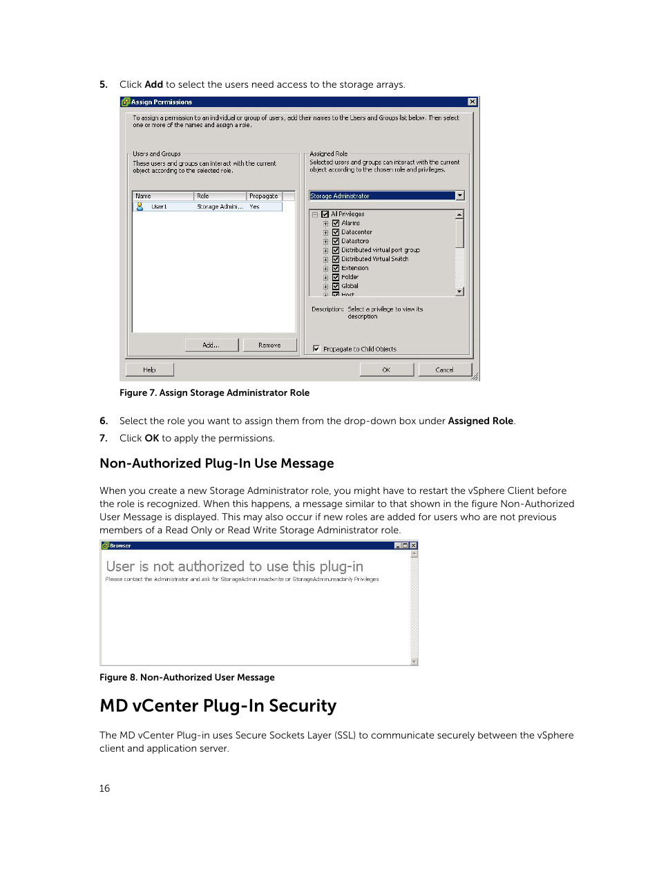 Non-authorized plug-in use message, Md vcenter plug-in security | Dell PowerVault MD3460 User Manual | Page 16 / 88