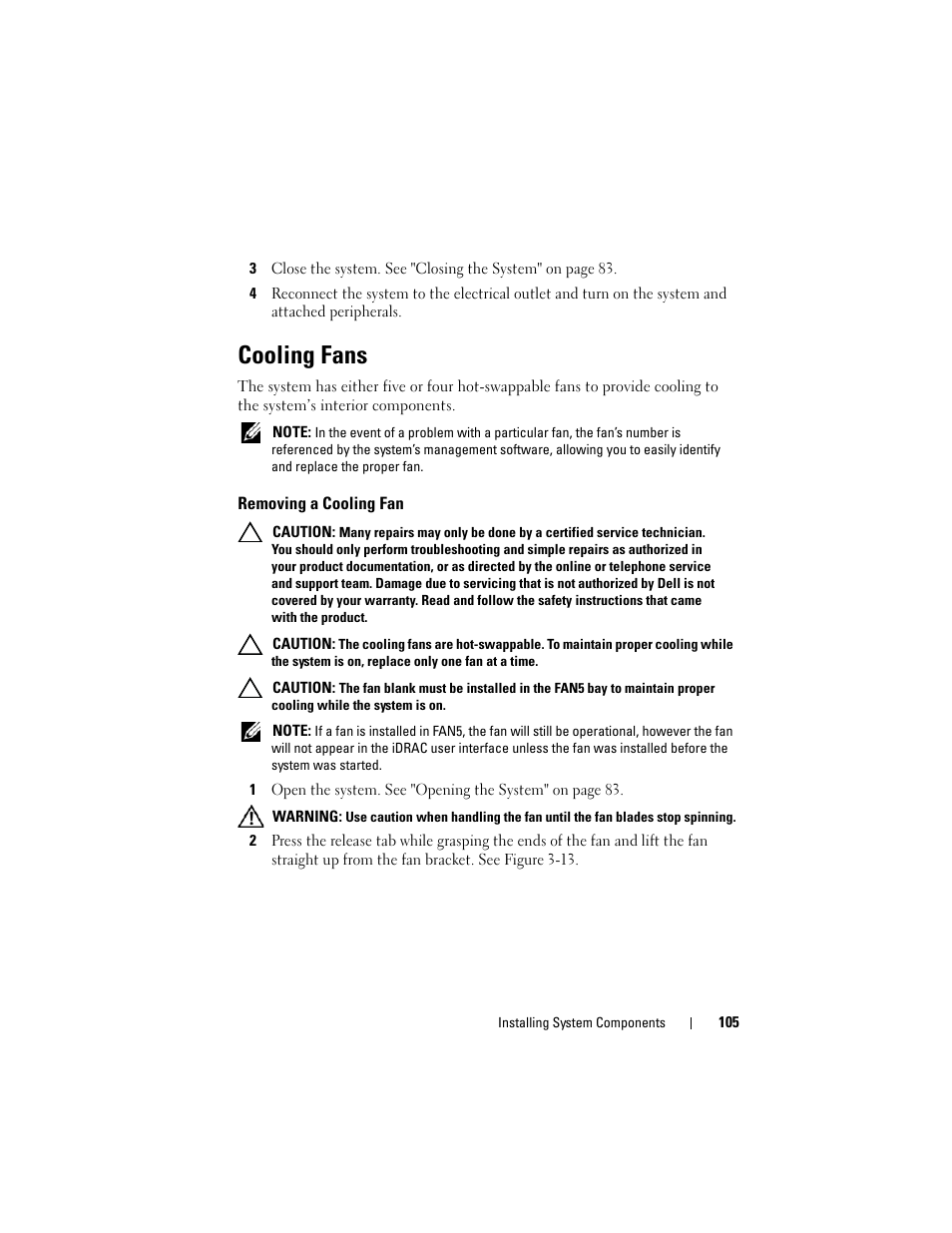 Cooling fans, Removing a cooling fan | Dell DX6000 User Manual | Page 105 / 198