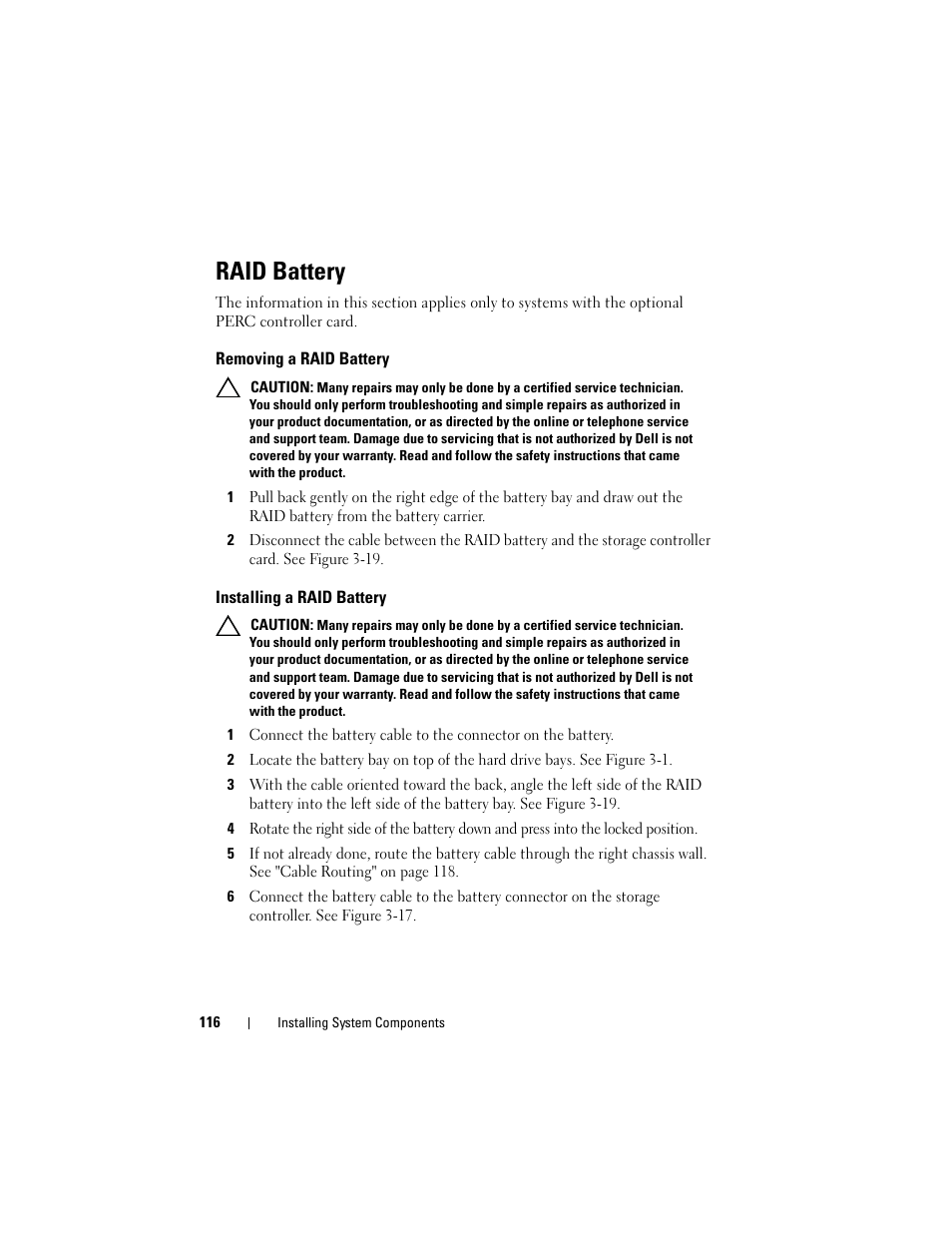 Raid battery, Removing a raid battery, Installing a raid battery | Installing, A raid battery" on | Dell DX6000 User Manual | Page 116 / 198