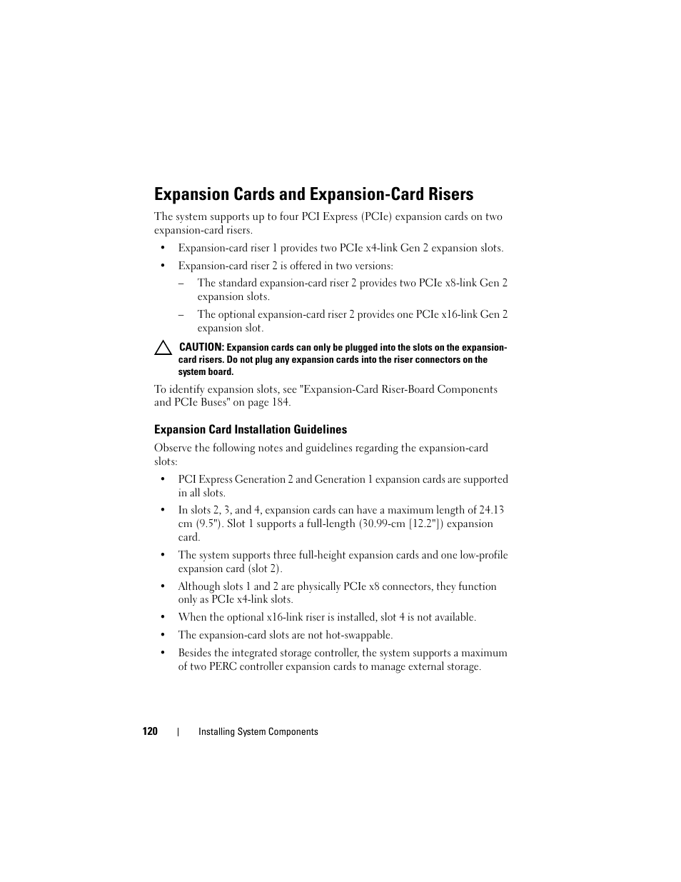 Expansion cards and expansion-card risers, Expansion card installation guidelines, See "expansion | Cards and expansion, Expansion | Dell DX6000 User Manual | Page 120 / 198