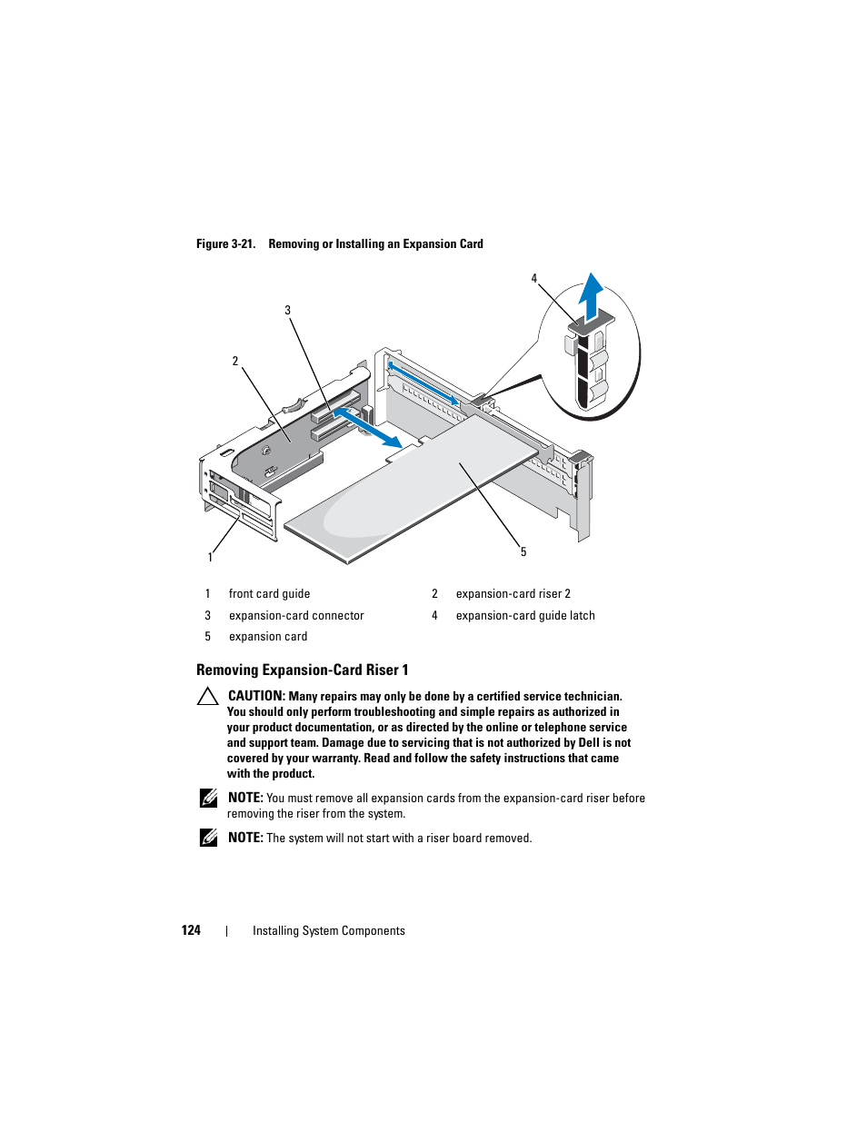 Removing expansion-card riser 1, System. see figure 3-21, See figure 3-21 | Figure 3-21 | Dell DX6000 User Manual | Page 124 / 198